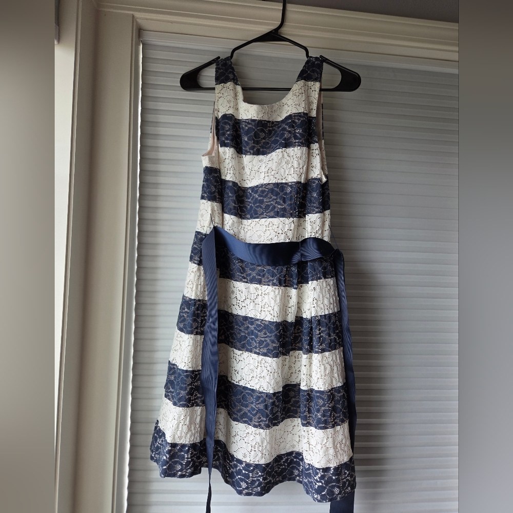 Robbie Bee Navy Blue Striped Lace Dress Sleeveless Wedding Guest Petite 16P